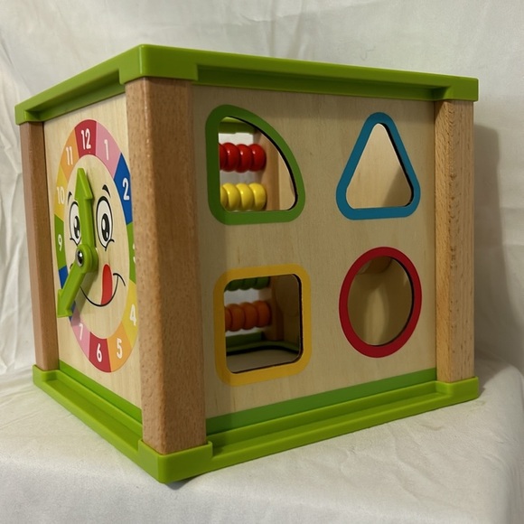 Toddler Learning Cube Toy Wooden Gears Abacus Clock Shape Montessori 7 in x 7 in - Picture 3 of 10